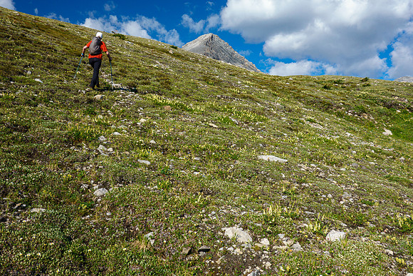 Hiking east approach slopes to Greater Prow.