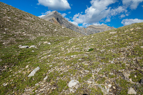 Hiking east approach slopes to Greater Prow.