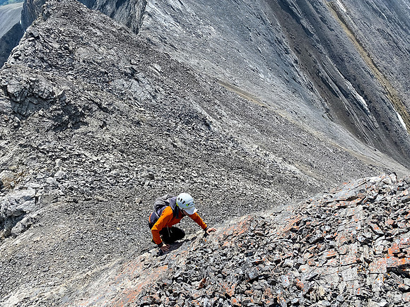 Climbing the crux along the ridge from Greater to Prow Mountain.