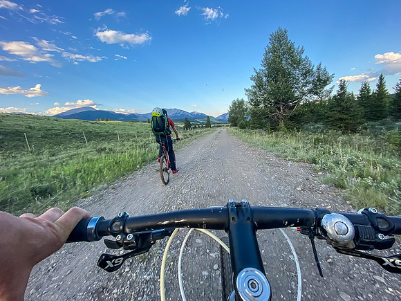 Biking back on the Cascade fire road through the Ya Ha Tinda ranch.