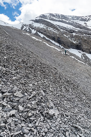 Ascending steep scree to gain the south ridge of Condor Peak.