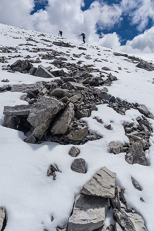 Ascending steep scree to gain the south ridge of Condor Peak.