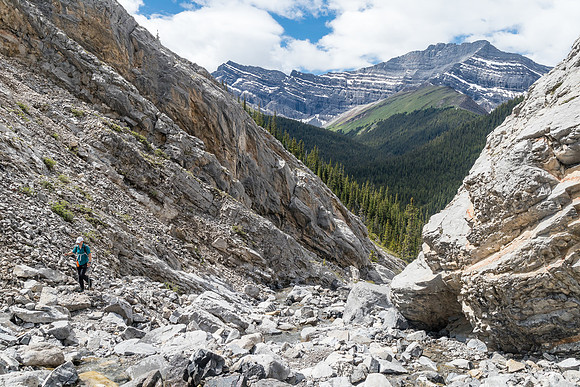 Ascending the west access drainage for Condor Peak.