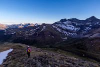 Descending easy south slopes of Chirp in dying light.