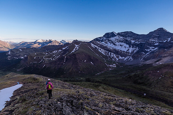 Descending easy south slopes of Chirp in dying light.