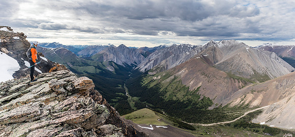 Views over Divide Pass down Peters Creek to Mount Peters and Condor Peak (R).