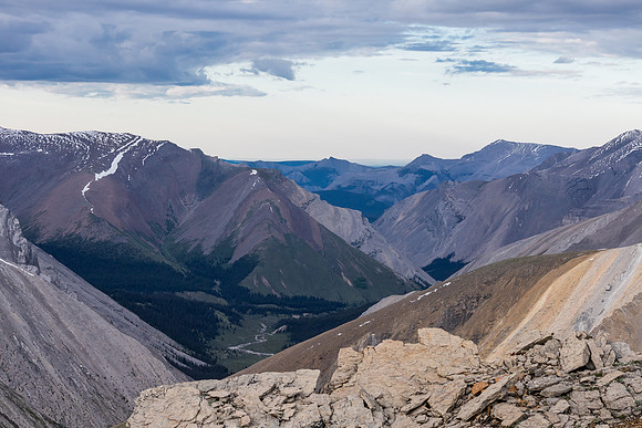 Views through Shale Pass down Forbidden Creek towards Scalp Peak.