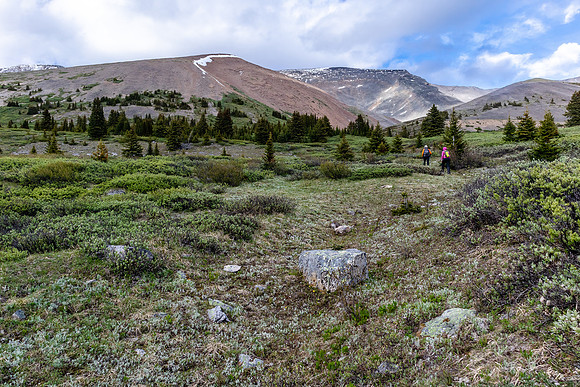 Hiking to the easy west slopes of Tomahawk Mountain from the pass.