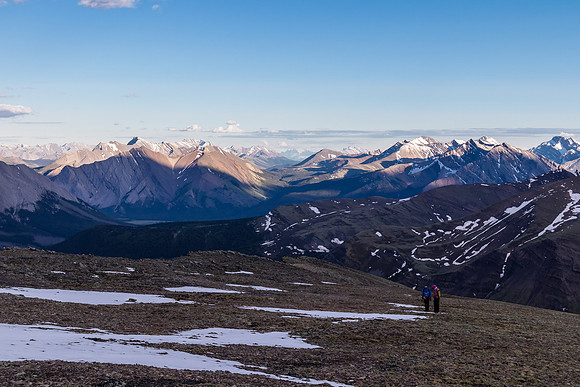 Descending easy south slopes of Chirp in dying light.