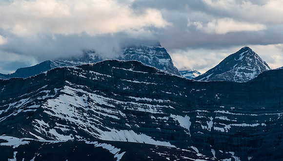 Cataract Peak is buried in clouds with Little Cataract at right.
