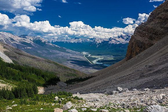 The weather is still gorgeous as we get ready to cross the endless boulder / scree slope to the trail above the cliffs.