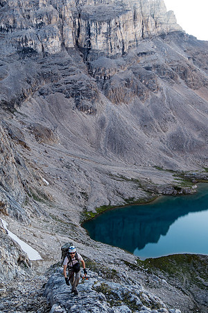 Looking down on the lakes from the loose scramble to the upper valley.