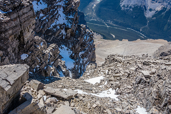 Looking down our ascent gully from the col.