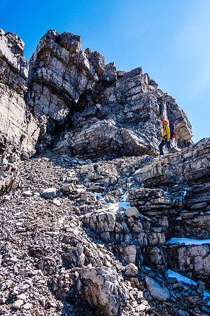 The terrain above Raf here, may have avoided our crux (which is out of sight to the right) but we're not sure.