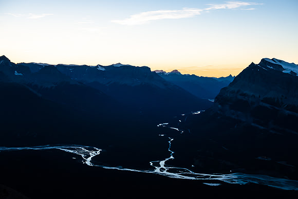 Looking over the Saskatchewan Crossing far below, and the meeting of the Howse (L), Alexandra (C) and North Saskatchewan (R) Rivers.