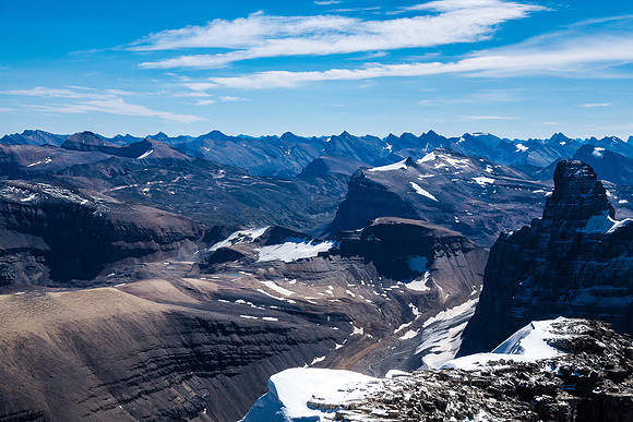 Looking over Marmota Peak towards the distant forms of Augusta, Recondite and Abstruse Peak.