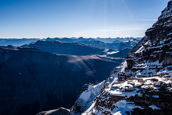 Impressive terrain along the ridge from the col, looking across the north face towards Corona Ridge.