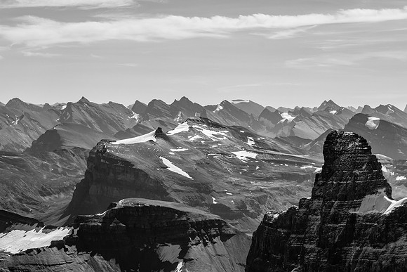 Hall Tower on the right and Marmota Peak at center with Recondite, Augusta and Harris in the far distance over Marmota.