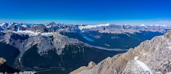 Glacier Lake and the Lyell Icefield. Kaufmann Peaks and Sarbach at left with Forbes rising over them. Mount Columbia at far distant right.