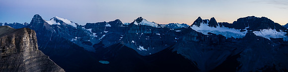 Pano from L to R - Chephren, White Pyramid, Epaulette, Kaufmann, Sarbach. Epaulette Lake at lower center-left.
