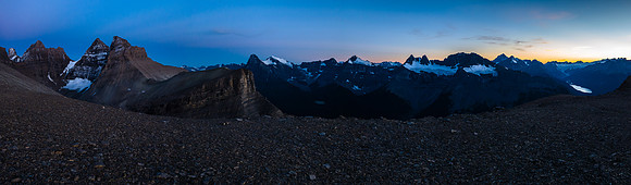 A pano from the bivy site including the Murchison Towers at left and Glacier Lake at far right.
