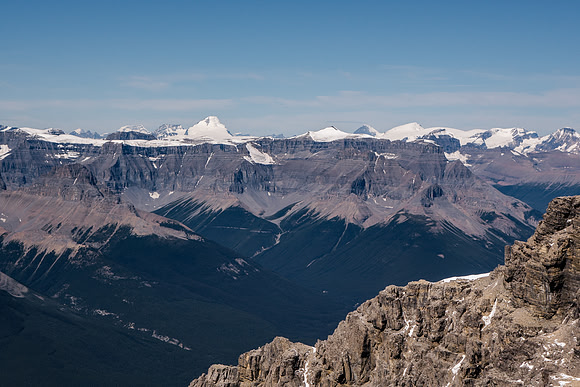 Looking over Erasmus towards Mount Clemenceau, King Edward, Columbia, Amery, South Twin, North Twin, Snow Dome and Kitchener (L to R).