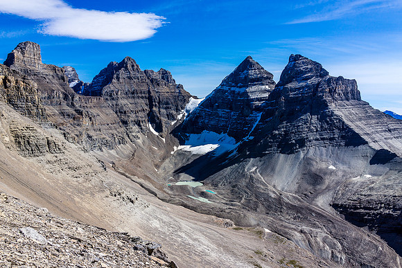 Gorgeous views over some alpine tarns to the towers of Murchison, including Hall Tower at far left.