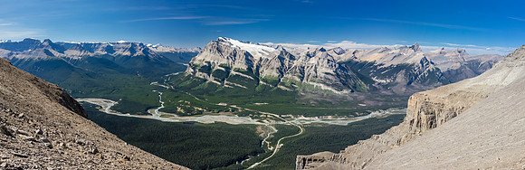 A beautiful afternoon pano of Saskatchewan Crossing and mounts Wilson and Cline.