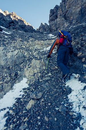 Note the pinnacles looming above us - this is the gully to the NW/SE col.