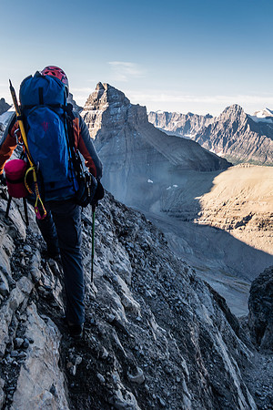 Traversing back out of the gully (to our right) on steep ledges covered in scree.