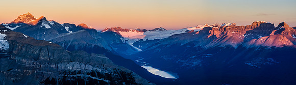Mount Forbes (L) and the Lyells (R) with Glacier Lake glistening in the morning light.