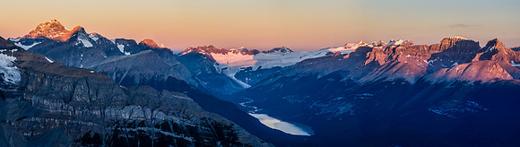 Mount Forbes (L) and the Lyells (R) with Glacier Lake glistening in the morning light.