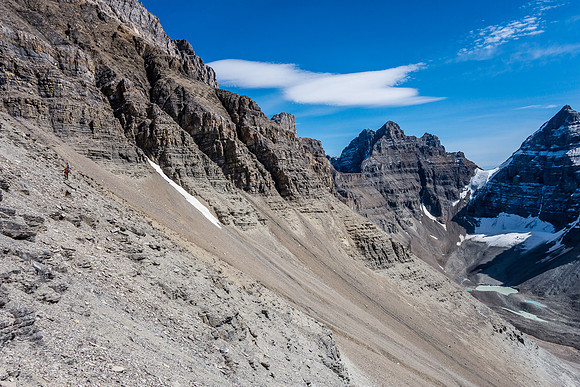 Raf is tiny in the huge terrain as we exit the south face.