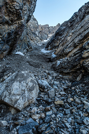 The gullies on Murchison are debris-filled and can have ice in them even late in the season.