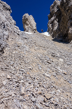 Looking back up at the distinctive pinnacle in the col.