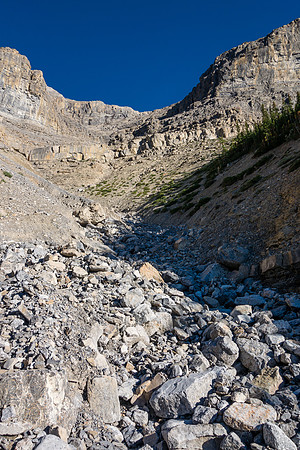 Looking up the rocky drainage approaching the more complex terrain in the NW bowl.