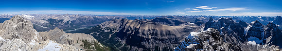 The NW Summit with Mount Wilson, Cirrus, Stewart, Cline, Resolute and many others visible across the North Saskatchewan River and the David Thompson Highway.