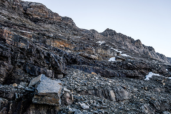 Looking across the broken south slopes towards the summit.