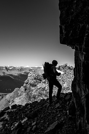 Traversing back to the ridge from just under the summit block.