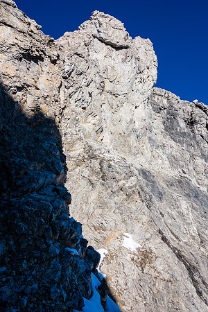 The terrain that you'll have to rappel if you come down from the NW summit to the col.