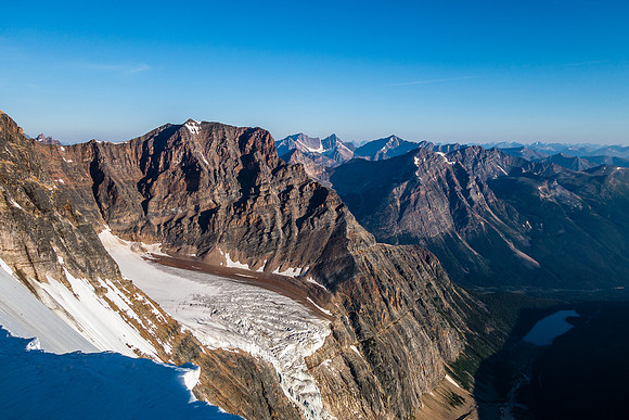 Looking out over the Angel Glacier towards Cavell Lake.