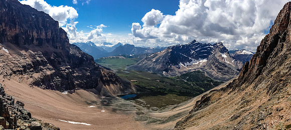 Looking down the south bowl towards Verdant Pass and Chevron Mountain.