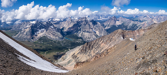 Getting back onto the west ridge proper, the snow patch we traversed above from the left is on the left. The Sorrow col is above Scott's head.
