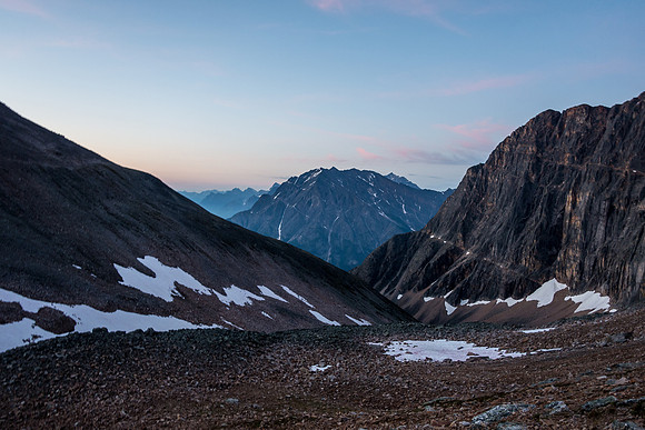 Looking south from the col. Fryatt is just barely showing up here but we're already well above tree line.