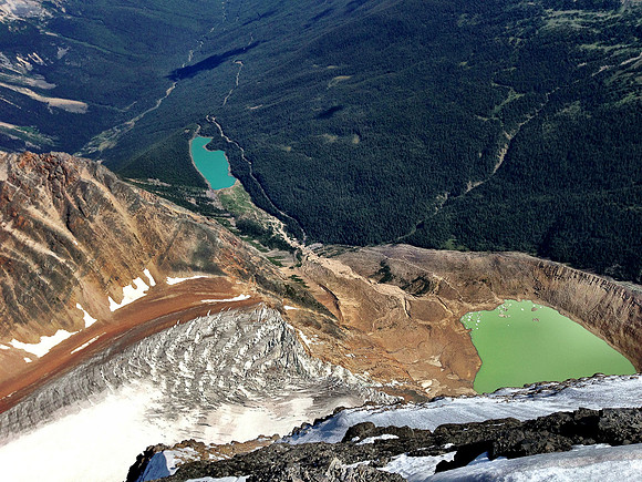 The Angel Glacier, tarn and Cavell Lake from the summit.