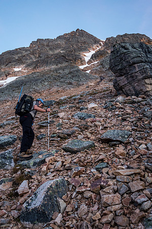 Looking up at the scrambling route to the shoulder from the col.