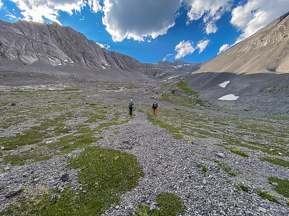 Hiking up the lower SE slopes of Mount Turbulent above the upper lake.