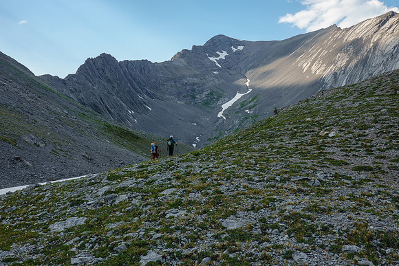 Hiking alpine meadows to the lower Turbulent Lake.