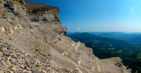 The lower crux marked by a cairn at lower left.