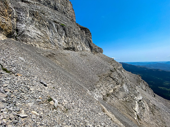 View back along the scree bench to the distance bulge.
